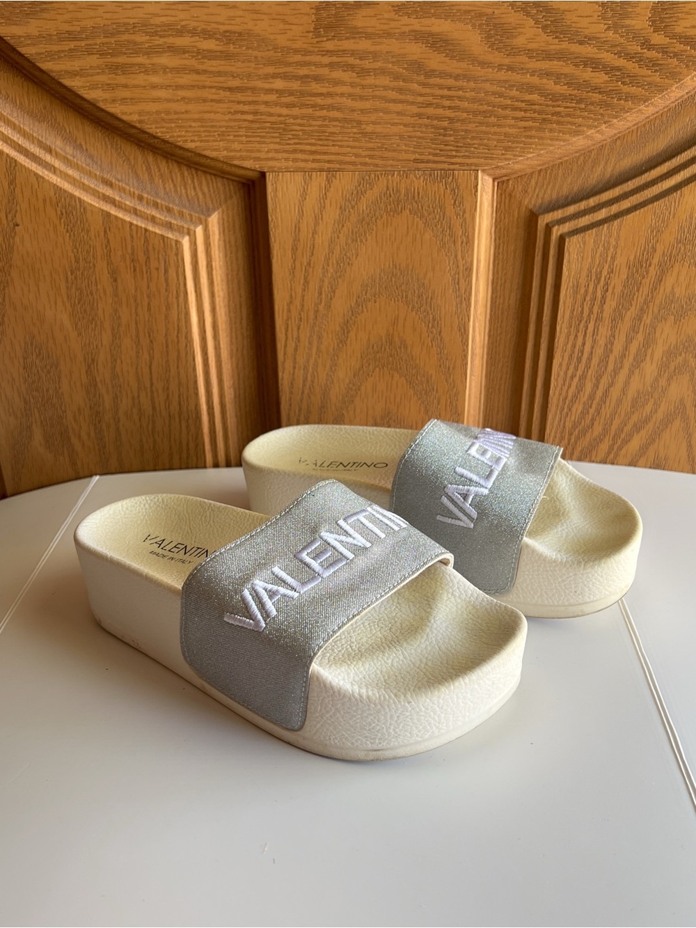 Valentino by Mario Valentino Silver Logo Slide Sandals Metallic Comfort EU 37
